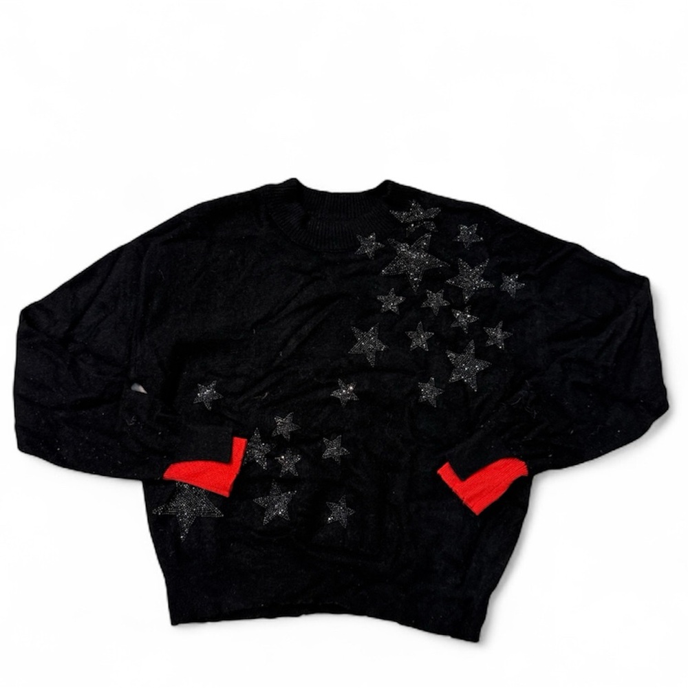 Zadig & Voltaire Black Cashmere Beaded Star Cropped Sweater With Red Sleeves